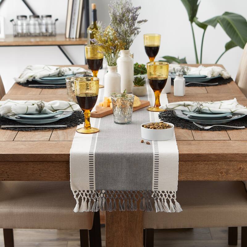 DII Dobby Striped Fringe Ribbed Table Runner