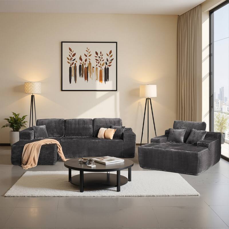 ​​OVIOS Modern Minimalist No-Assembly Living Room Set​ - LeftPlush-Grey