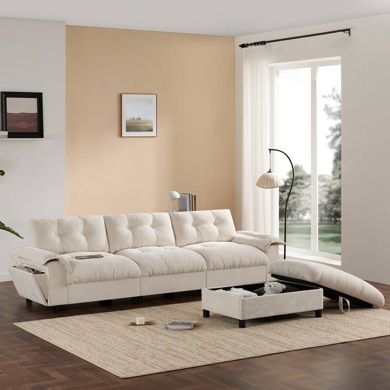 104*60" Sectional Sofa, L-Shape with Multifunctional Armrest, Dual-Port Charging, Cup Holder