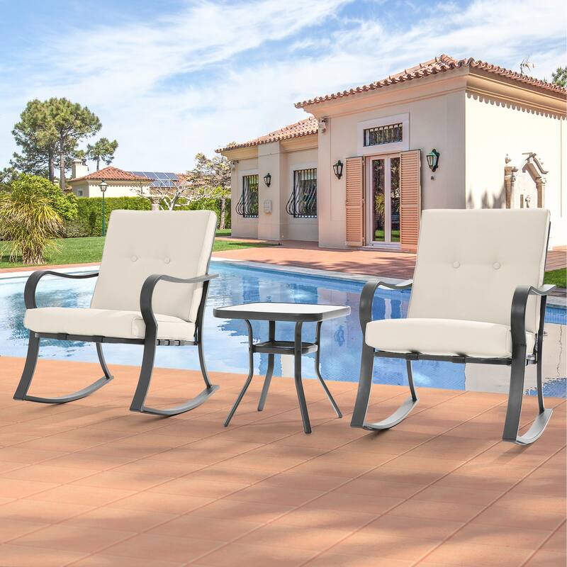 BONOSUKI 3 Pcs Outdoor Rocking Bistro Set Chat Set with Side Table - White