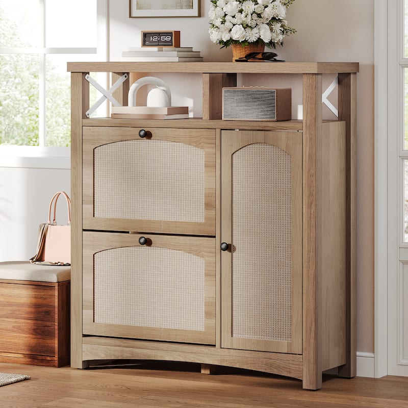 Moasis Farmhouse Shoes Cabinet 18 Pairs Storage Rack with 2 Flip Drawers