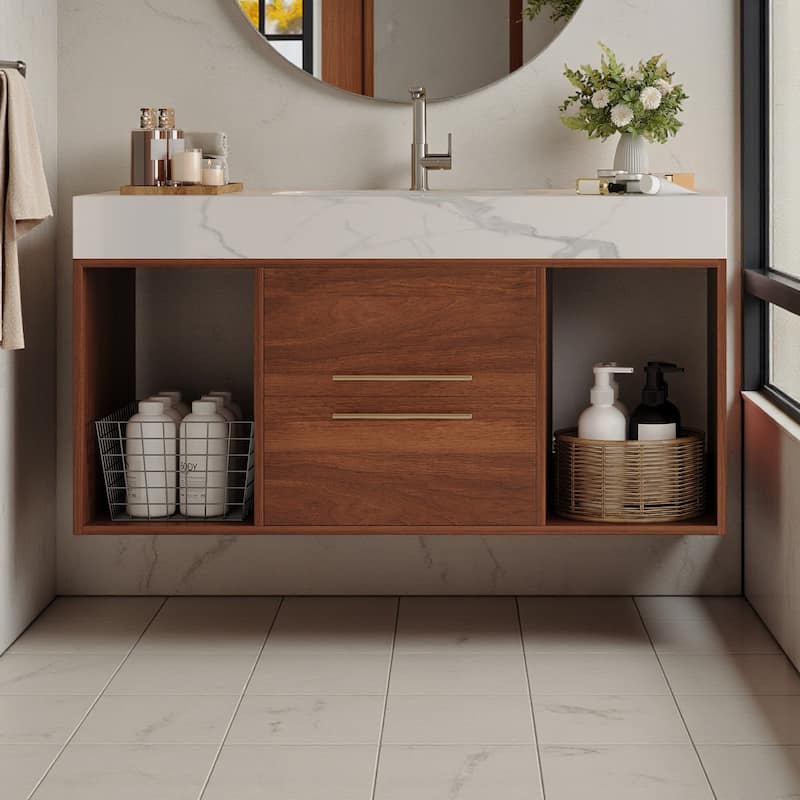 39.4" Floating Bathroom Vanity with Ceramic Sink, White Sintered Stone Top, Wall Mounted Cabinet with 2 Soft-Close Drawers - Walnut