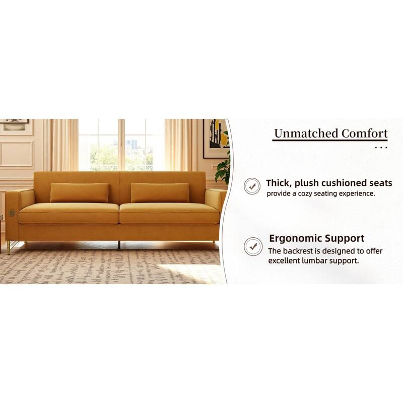 Roomfitters Mid-Century Modern Upholstered Sofa with Gold Metal Legs and Square Arms, Elegant Couch for Living Room