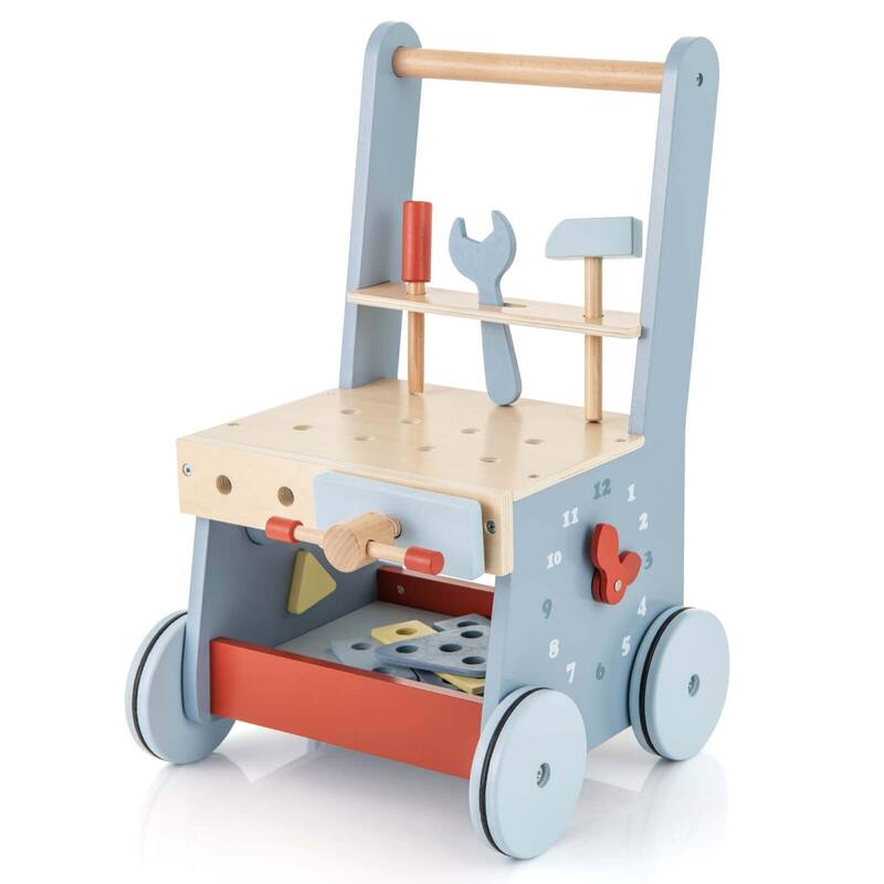 Baby Push Walker Wooden Toy Bench & Activity Walker w/Shape Sorter - Blue - Blue