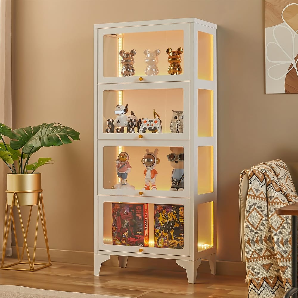 4/5-Tier Curio Display Cabinet with Glass Flip Doors & LED Light Strip