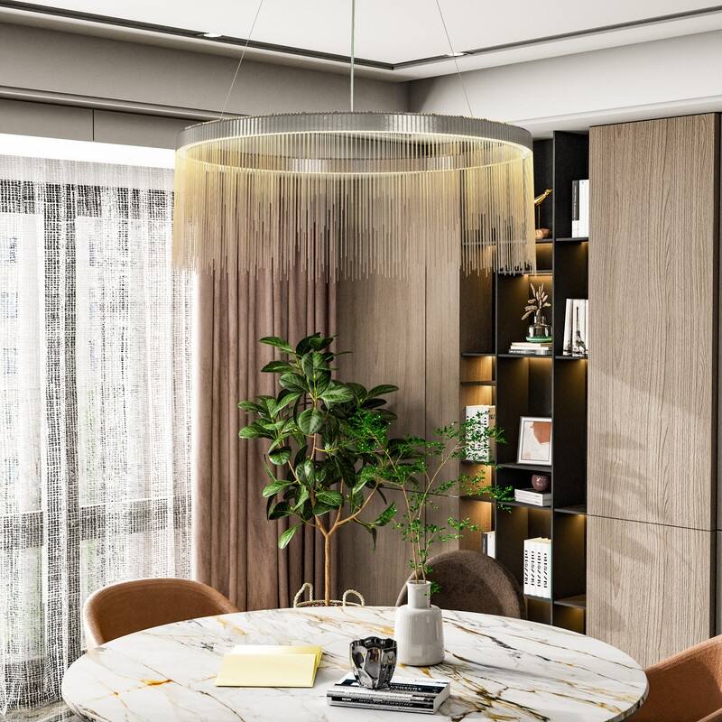 Aluminum Tassel Linear Chandelier Round Ceiling Pendant Lighting Fixture Over Dining Table, Kitchen Islands, Entryways