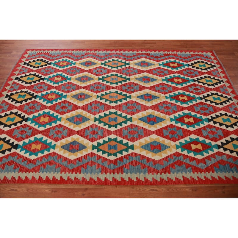 Hand Woven Oriental 100% Wool Carpet Southwestern Geometric Multi-Colored Kilim Area Rug - 8' 4'' X 5' 6''