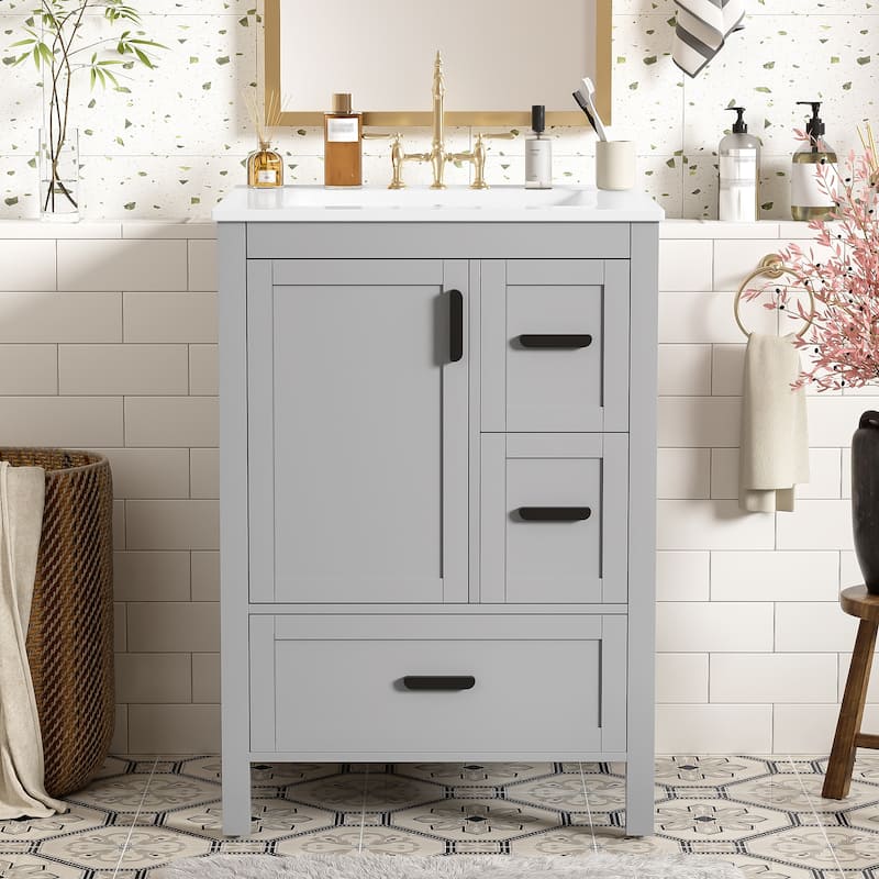 GDFStudio - Seren Bathroom Vanity with Ceramic Sink, Soft-Close Door, Drawers & Adjustable Shelf - 24" - Grey