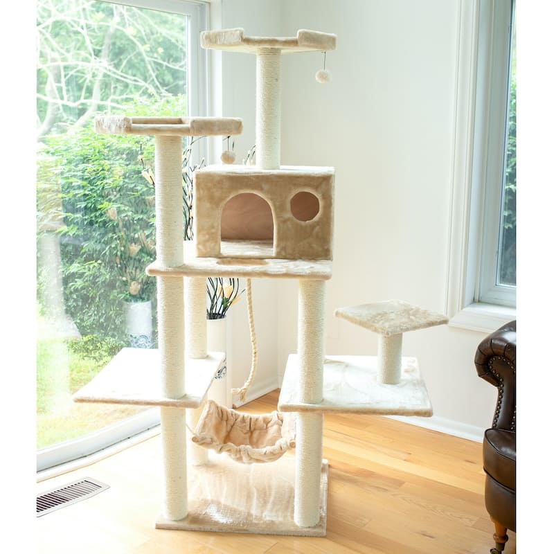 72" Beige Real Wood Cat Tree With Spacious Condo, Scratching Post - Beige