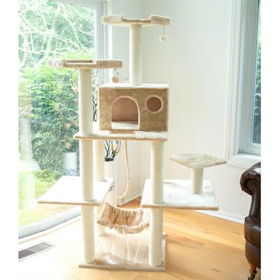 72" Beige Real Wood Cat Tree With Spacious Condo, Scratching Post