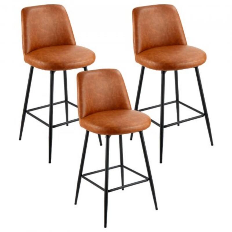 Brown PU Leather Cushion Swivel Counter Height Bar Stool with Iron Pipe Frame and Footrest for Kitchen Island - Set of 3