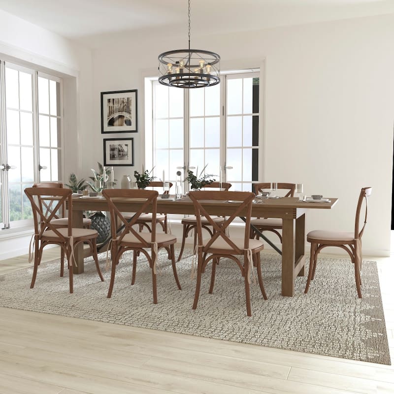 9' x 40" Rustic Folding Farm Table Set with 8 Cross Back Chairs and Cushions - Antique Rustic