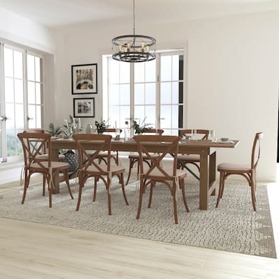 9' x 40" Rustic Folding Farm Table Set with 8 Cross Back Chairs and Cushions