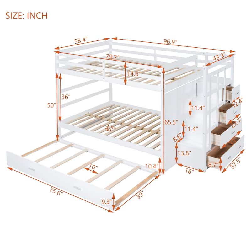 Twin/Full Size Bunk Bed with Trundle Bed and Storage Staircase, Solid Pinewood Bunk Bed Frame with Safety Guardrail