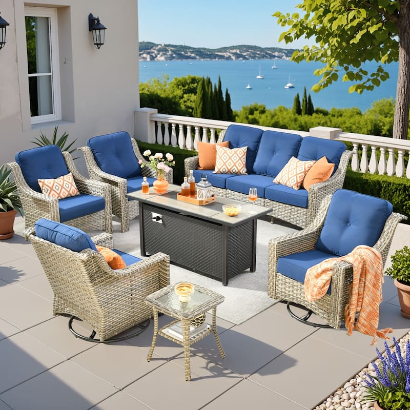 XIZZI 7-piece Outdoor Patio Furniture Set with Fire Table - Navy Blue