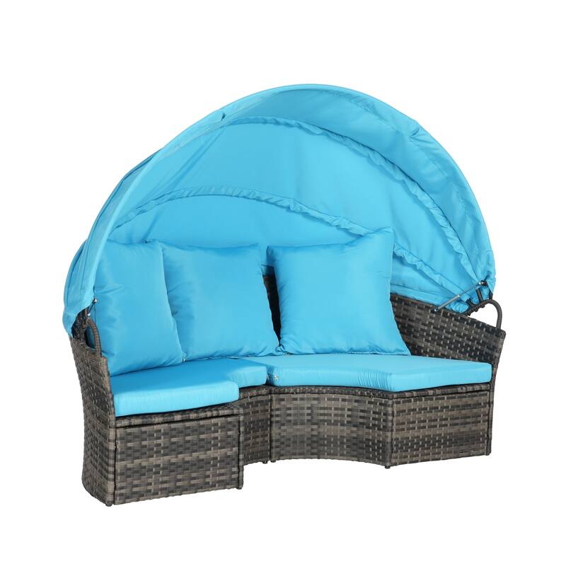 Outdoor Round Daybed with Retractable Canopy, Cushions, Table,Set of 5