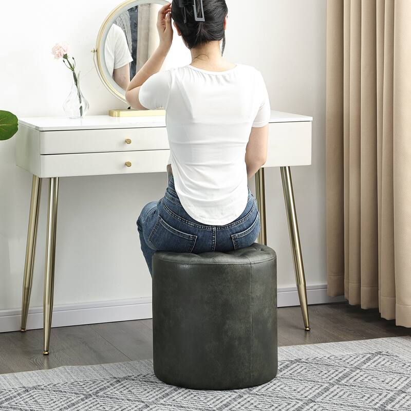 Adeco Round Ottoman Upholstered Tufted Faux Leather Footrest