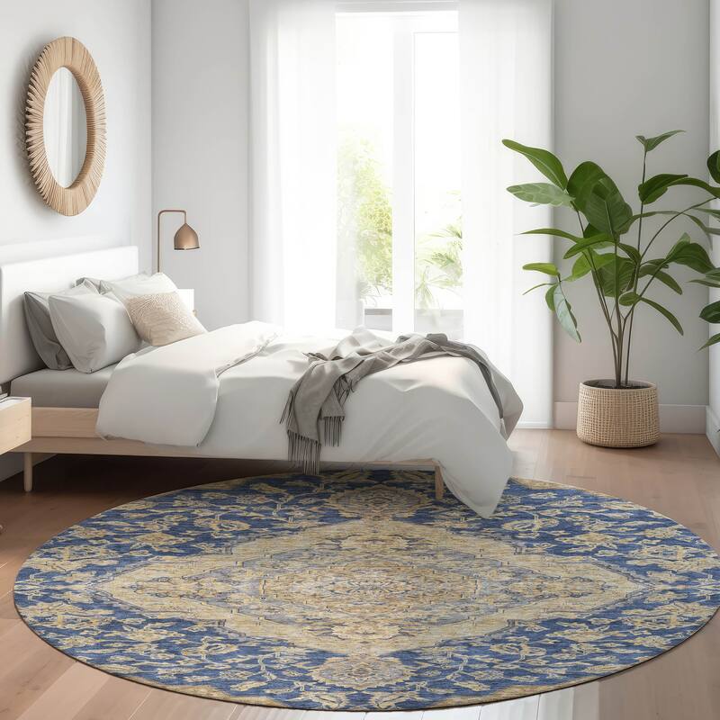 Machine Washable Indoor/ Outdoor Traditional Medallion Chantille Rug - Navy - 8' x 8'