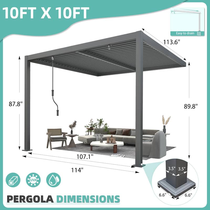 EROMMY Outdoor Louvered Pergola Gazebo with Adjustable Aluminum Rainproof Roof and Pull-Down Screen
