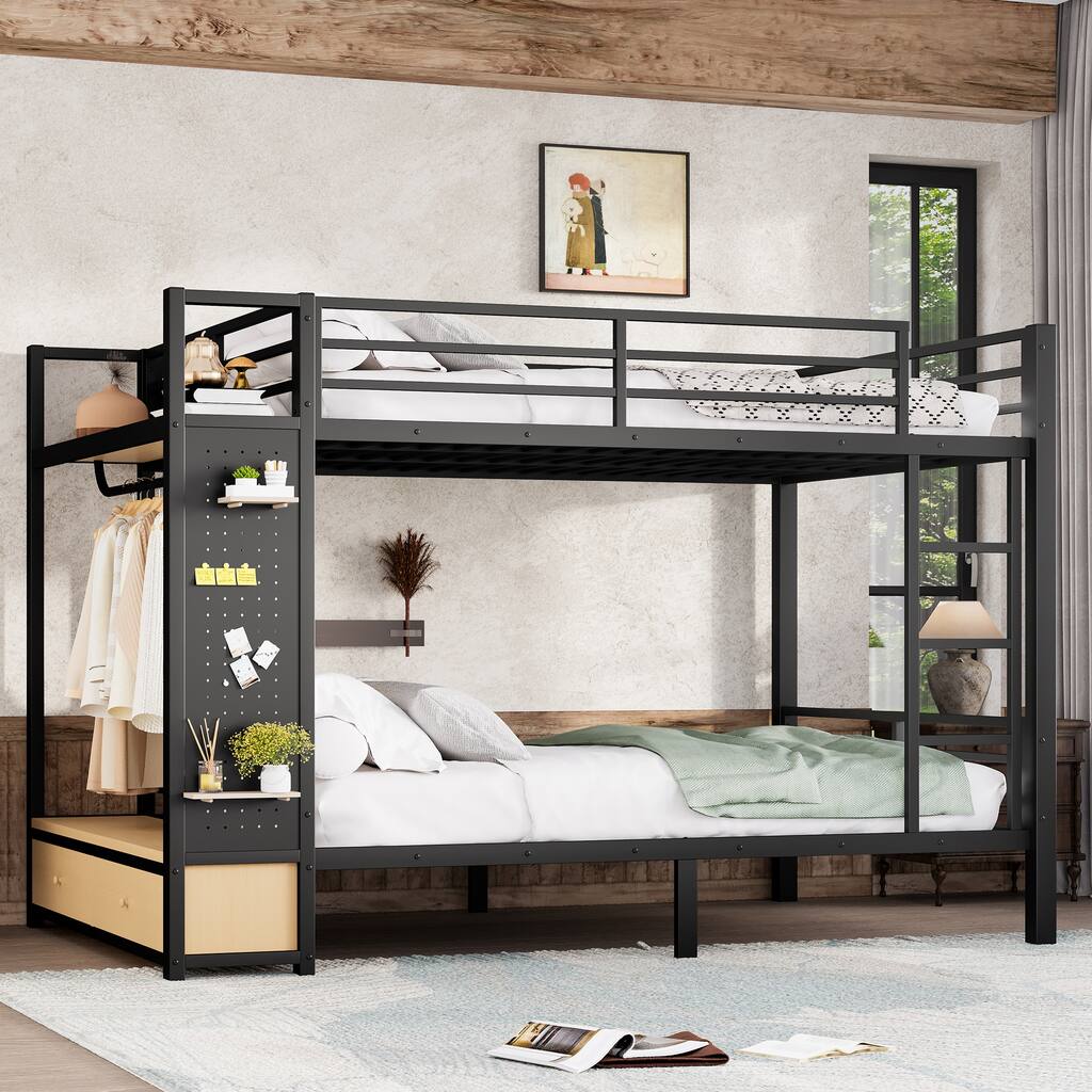 Queen over Queen size Metal Bunk Bed for Teens with Storage Shelves, Drawers and Pegboard