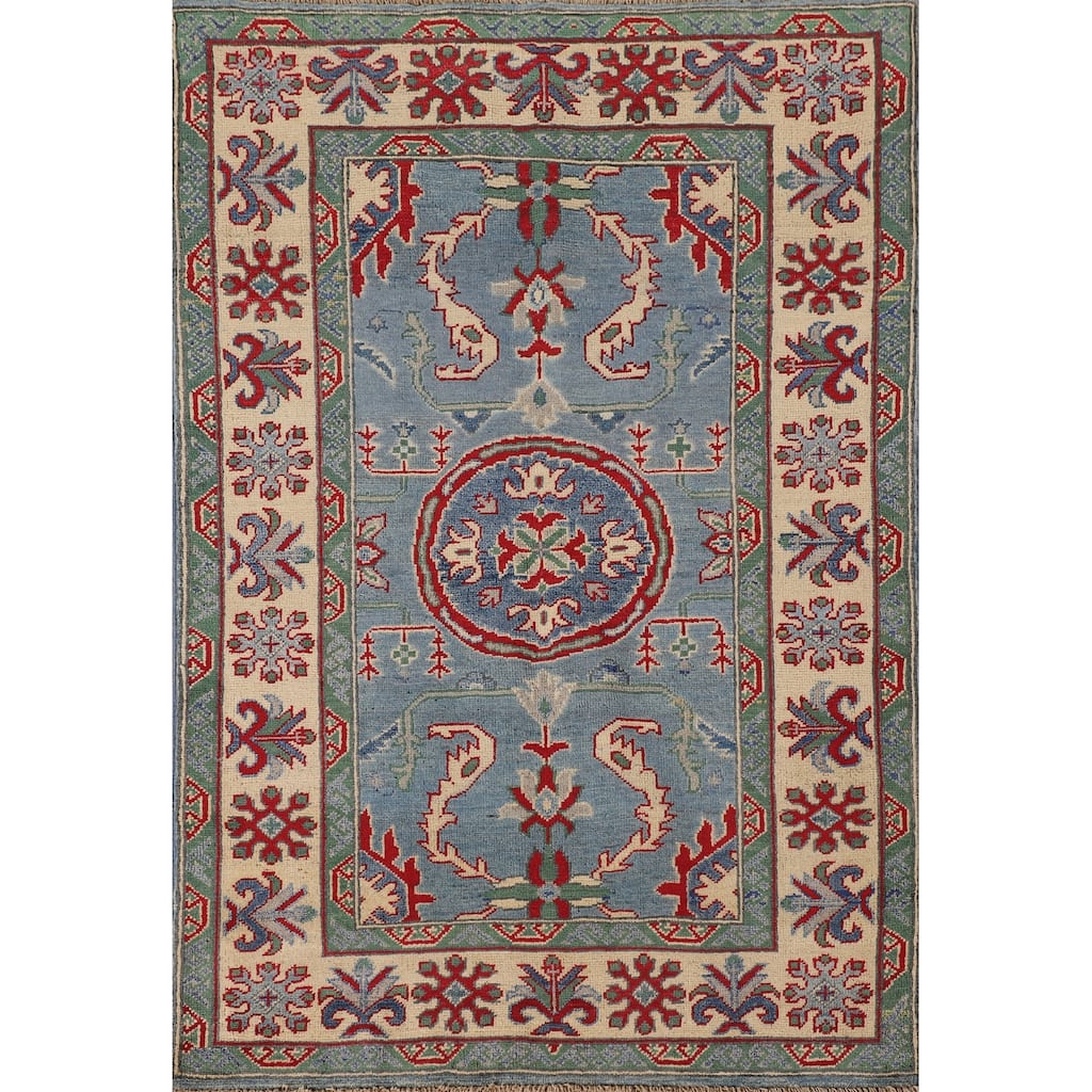 Light Blue Kazak Oriental Accent Rug Handmade Traditional Wool Carpet - 3'5"x 4'11"