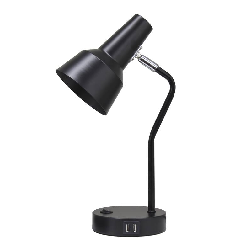 Modern Metal Gooseneck Desk Lamp with Dual USB Charging Ports Adjustable Arm Multiple Colors - 7.8" (L) x 5.2" (W) x 15.2" (H) - Black