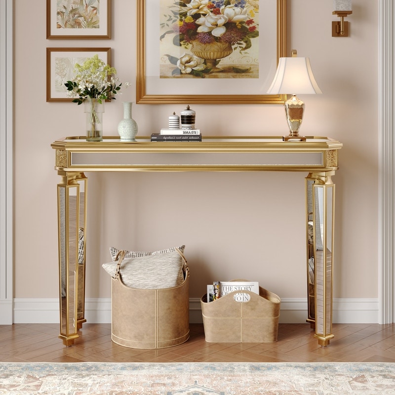 Vintage Style Mirror Finished Console Table, Carved Entryway Display Table, Accent Sofa Table with Octagonal Tabletop