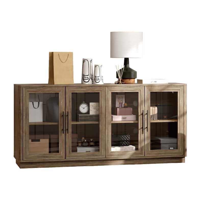 Modern Glass Door Buffet Cabinet with 4 Doors - Walnut