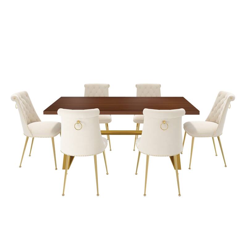 7-Piece Clihome Walut Wood Dining Table with Velvet Chair Dining Chair