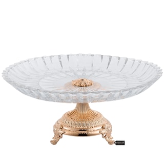 Matashi Crystal Cake Plate Centerpiece Decorative Dish, Round Serving Platter with Rose Gold Plated Pedestal Base for Weddings