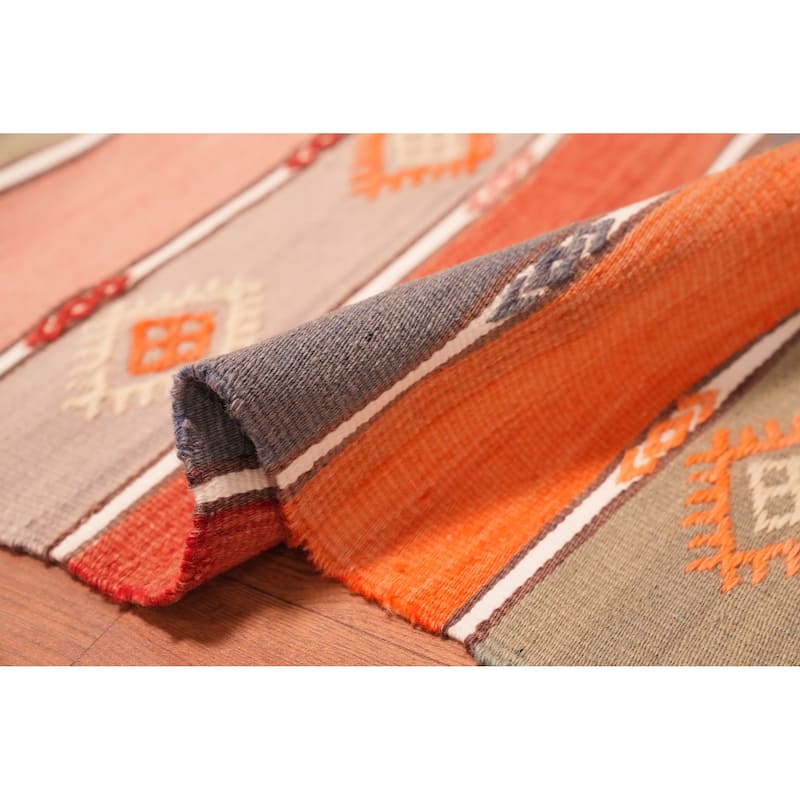 Hand Woven Oriental 100% Wool Carpet Southwestern Tribal Oranges & Rust Kilim Runner Rug - 8' 6'' X 4' 0''