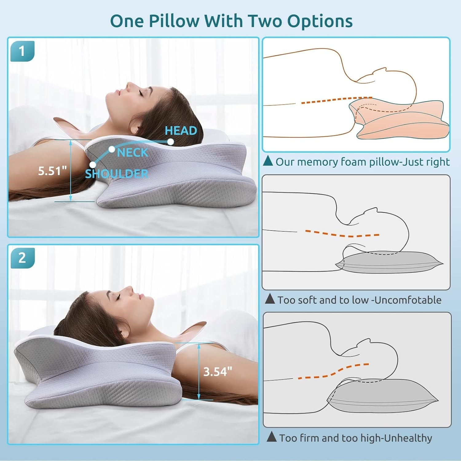 Contour Memory Foam Pillow for Neck Pain Relief Ergonomic Orthopedic Neck Support Pillow for Side Back Stomach Sleepers Grey Soft Queen Single