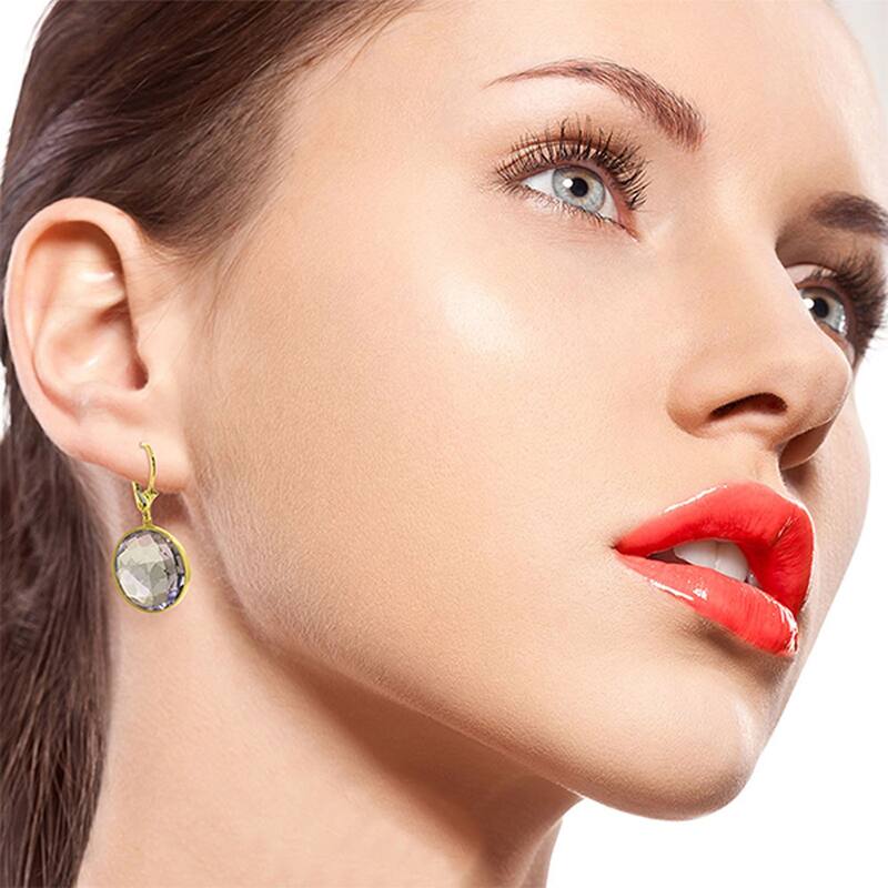 14K Solid Gold Leverback Gemstone Earrings Round Amethyst Certified
