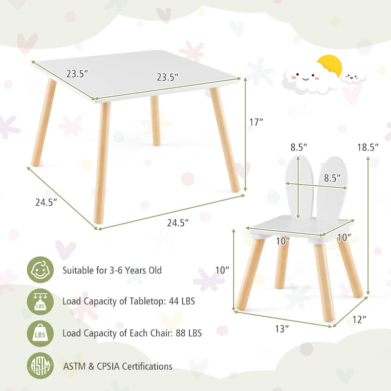 3 Pieces Kids Table and Chairs Set for Arts Crafts Snack Time - 24.5" x 24.5" x 17"
