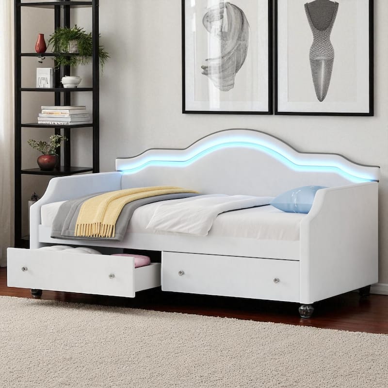 Twin/Full Size Upholstered Daybed with LED Lights, 2 Storage Drawers, Velvet Frame, No Box Spring Required - Beige - Twin