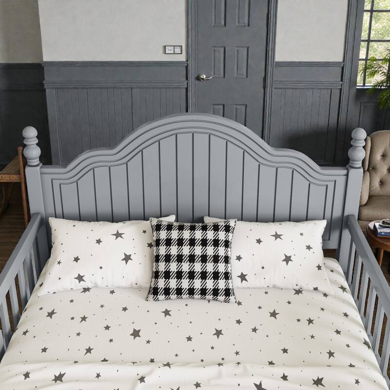 Kids Wooden Platform Bed with Safety Guardrails, Low Profile Bed with Headboard and Footboard