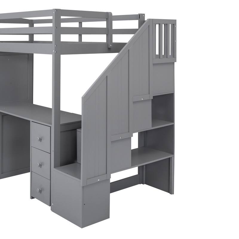 Twin Size Wooden Loft Bed with Wardrobe and Staircase, Desk and Storage Drawers and Cabinet in 1