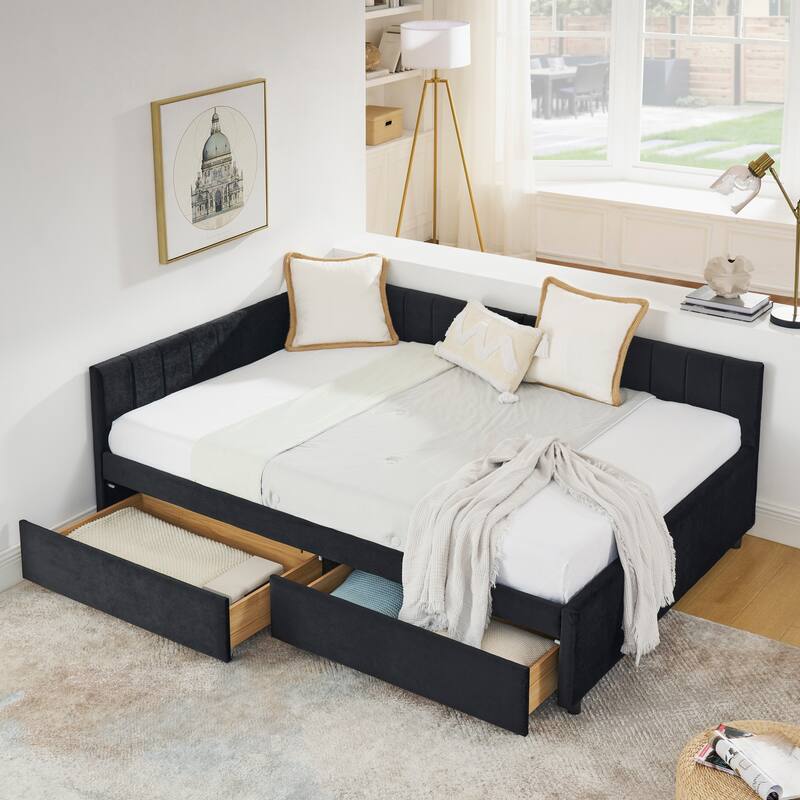 Full Size Velvet Upholstered Daybed with 2 Drawers and Tufted Sofa Bed with Ergonomic Backrest