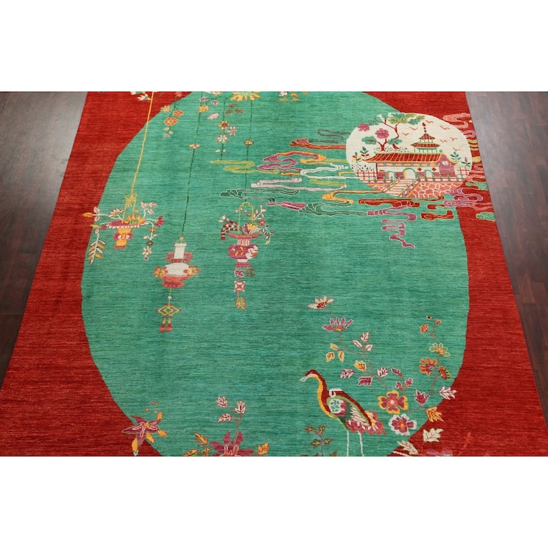 Vegetable Dye Animal Pictorial Art Deco Area Rug Handmade Wool Carpet - 10'3" x 13'7"