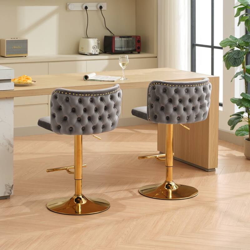 Adjustable Seat Height Swivel Barstools with Tufted Back - Set of 2