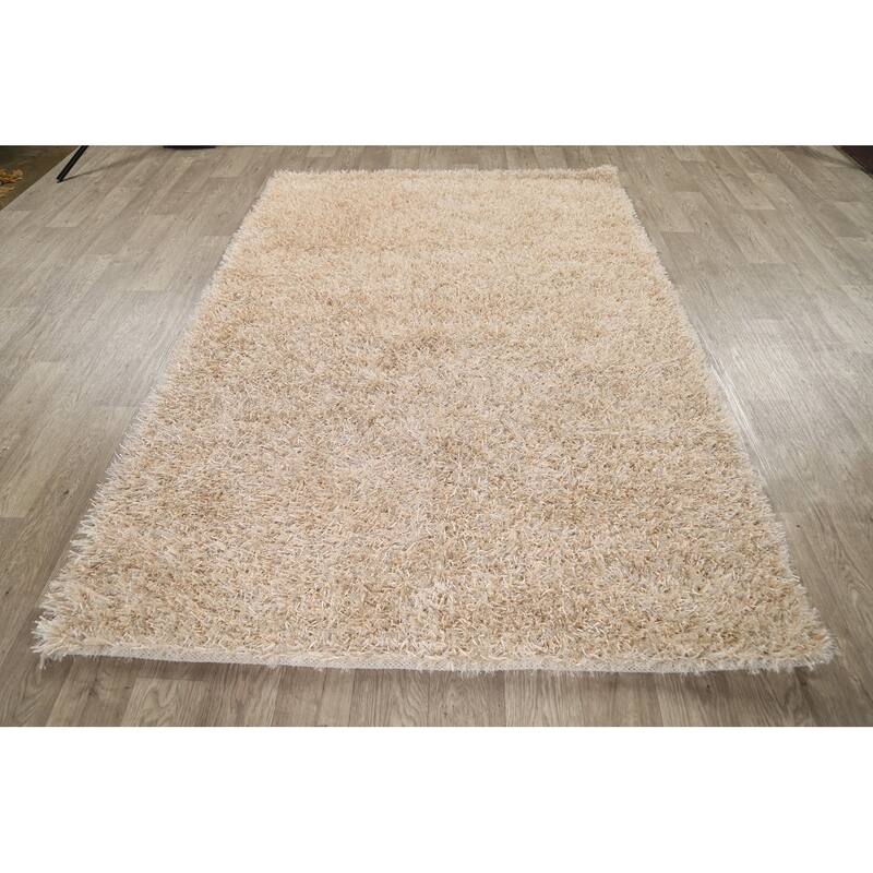 Hand Knotted Oriental Polyester Carpet Modern Contemporary Beige & Ivories Shaggy Area Rug - 7' 5'' X 5' 3''