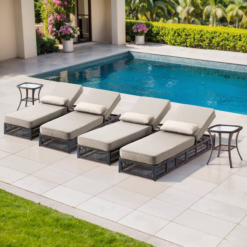 ArcoBay 6-Piece Brown Wicker Outdoor Patio Chaise Lounge with 5-Inch Thick Cushions and Side Table