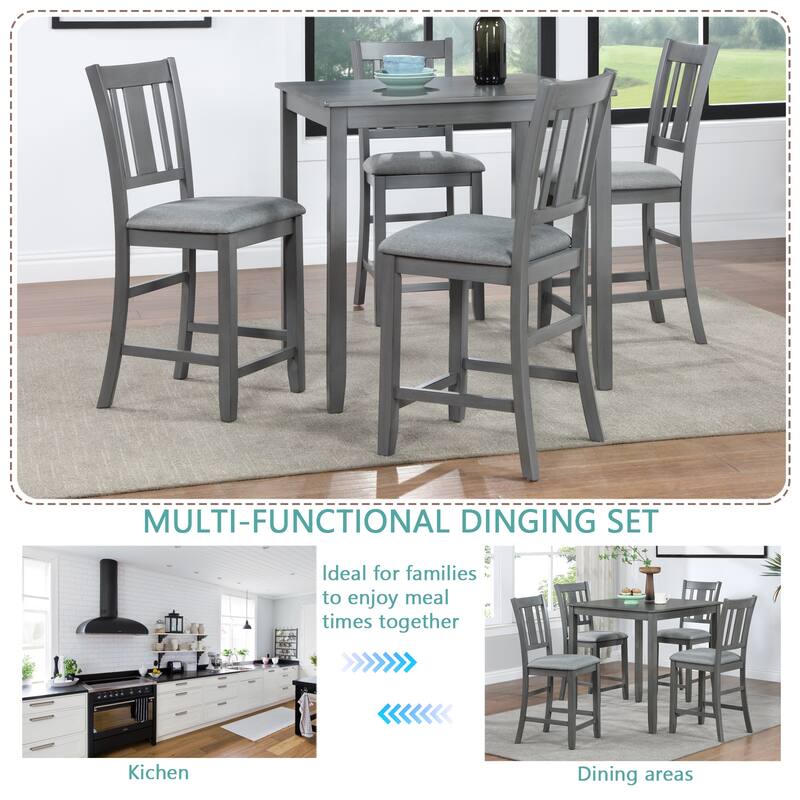 Counter Height Table Chairs Set Wooden Kitchen Table Set with Crystal Accent Square Table and 4 Upholstered Chairs Gray