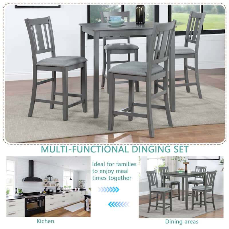GDFStudio - Montara 5-Piece Farmhouse Wooden Square Counter Height Dining Table Set with 4 Upholstered Chairs