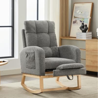 Modern Accent Rocking Chair Solid Wood Legs Adjustable Footrest Side Pocket High Backrest Living Room