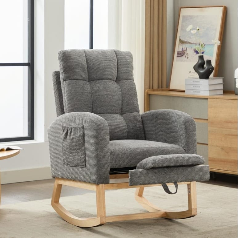 Modern Accent Rocking Chair with High Backrest, Adjustable Footrest & Side Pocket