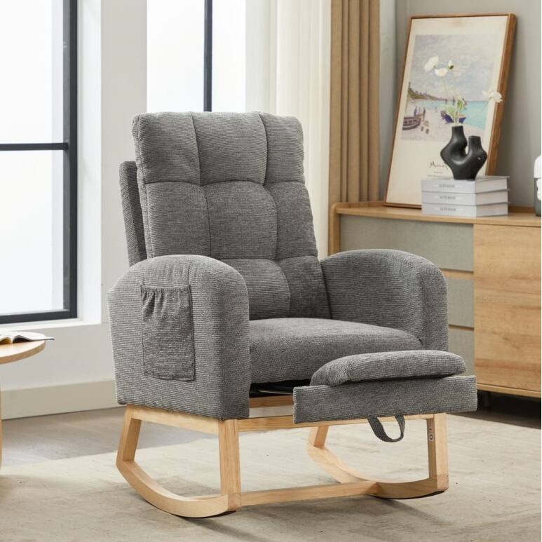 Teddy Upholstered Nursery Glider Rocking Chair with Side Pocket and Adjustable Footrest