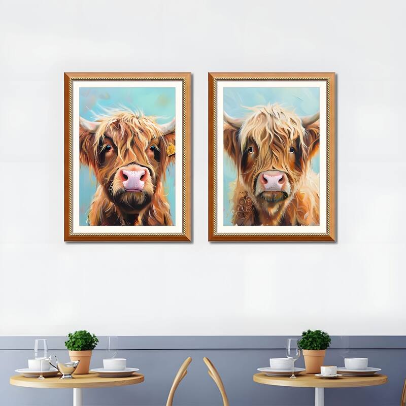 Set of 2 Highland Cow Framed Wall Art - Replaceable Canvas Prints with Solid Wood Picture Frames, Farmhouse Animal Wall Decor