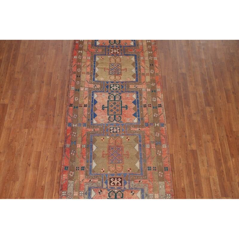 Geometric Ardebil Persian Vintage Runner Rug Hand-knotted Wool Carpet - 3'6" x 10'0"
