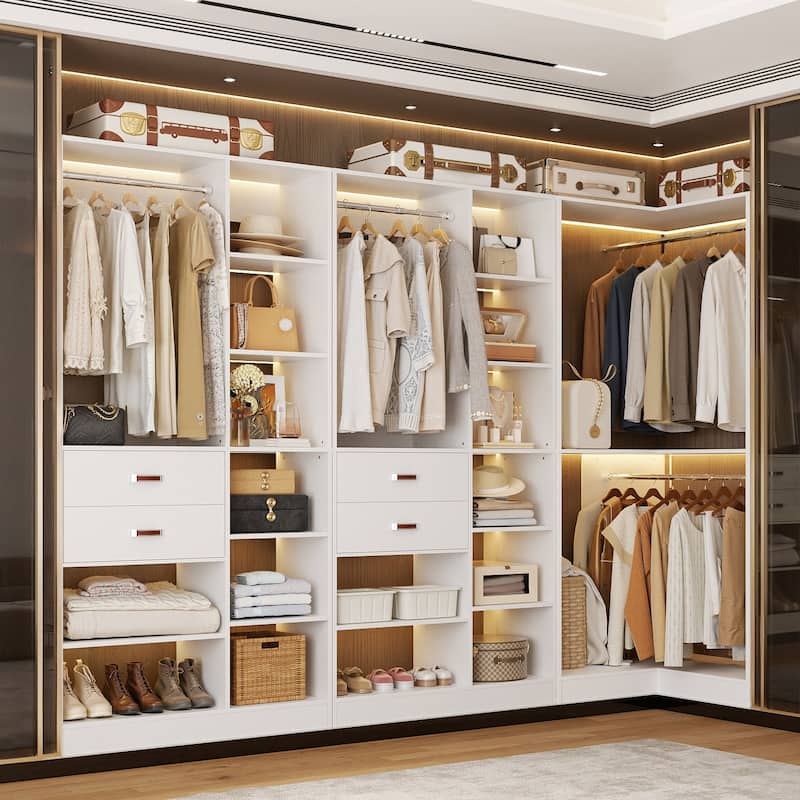 Set of 3 Corner Closet System with Tower Shelves, Closet Organizer with Drawers and Hanging Rods - White